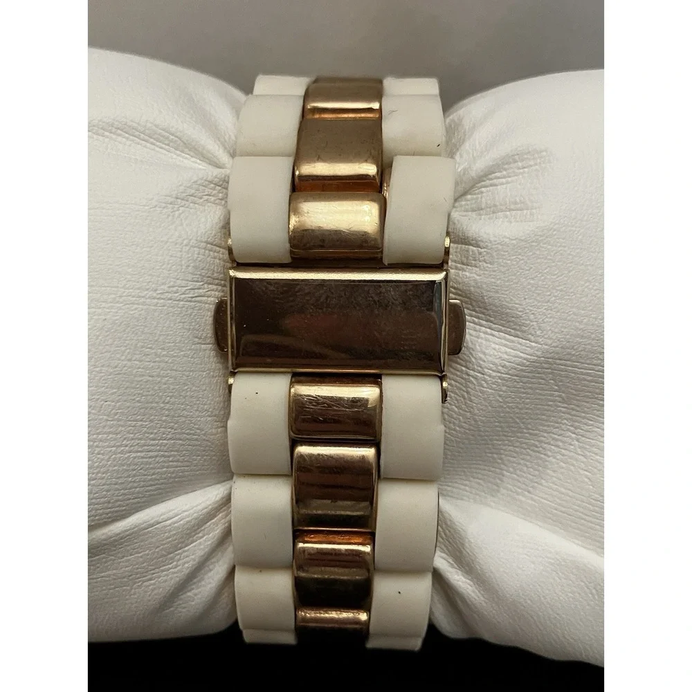 Charming Charlie Womens Rhinestone Rose Gold White Acrylic Band Watch Works